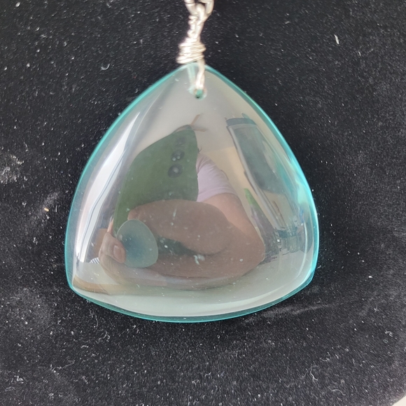 Clear Blueish Glass Pendant on Silver Tone Large Link Chain - Picture 9 of 16